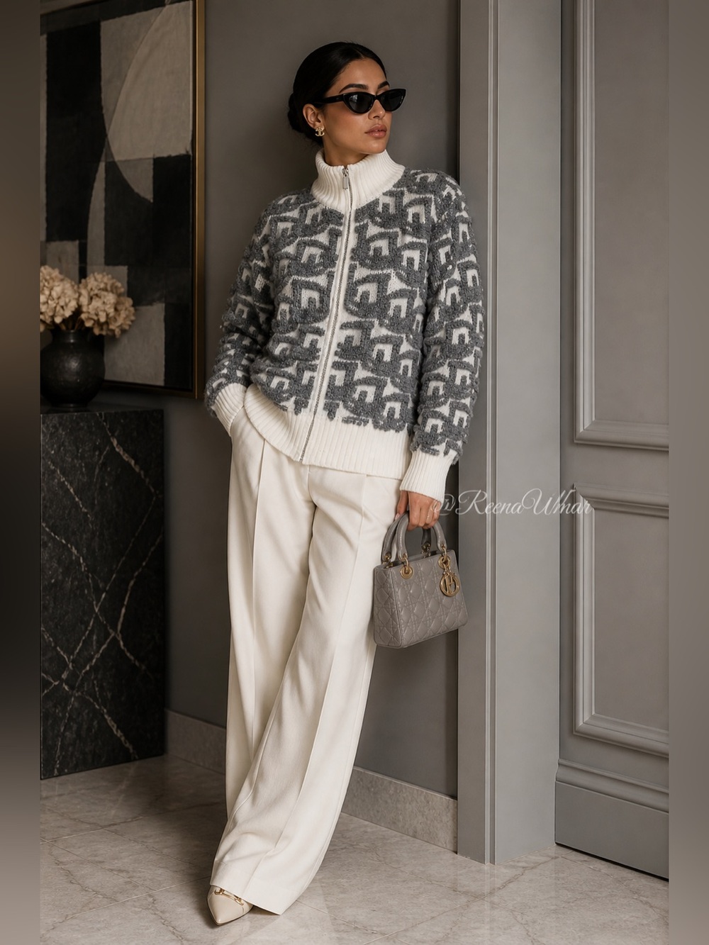 Knit Zip-Up Cardigan in Gray & Cream